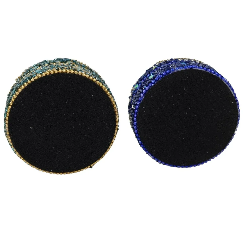 2 Vintage Beaded Bejeweled Trinket Boxes Round Domed Tins Iridescent Gold Blue